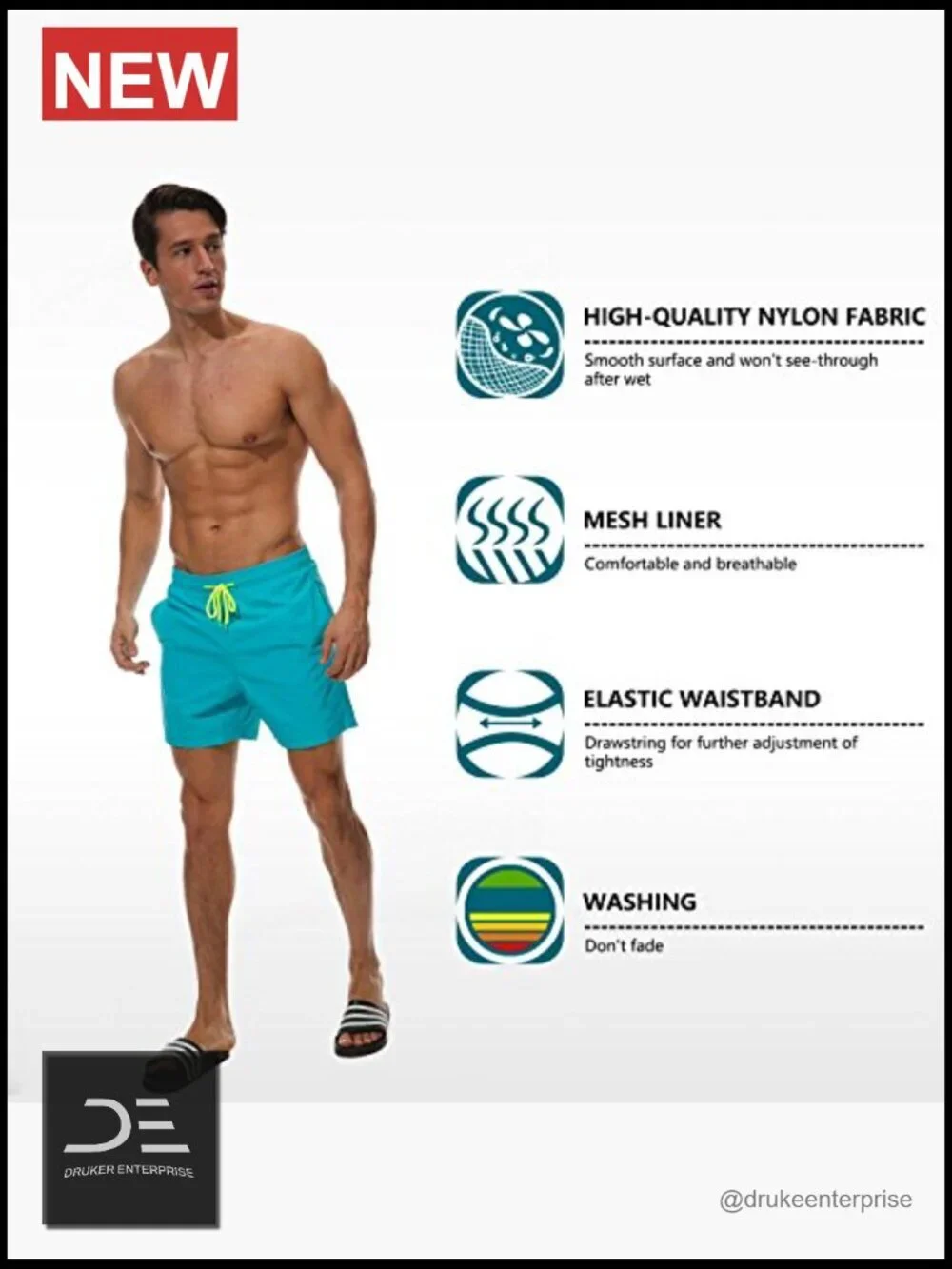 Men's Quick Dry Swim Trunks with Pockets & Mesh Lining, UPF 30